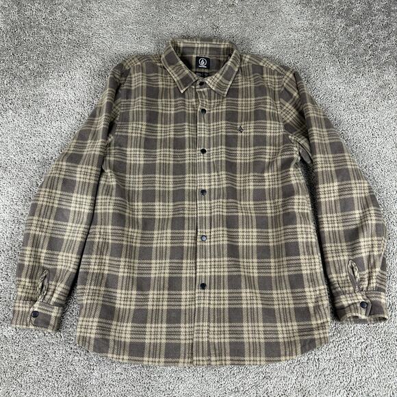 Volcom Shirt Jacket Mens XL Brown Plaid Fleece Button Up Lined Flannel Outdoor - Picture 2 of 12